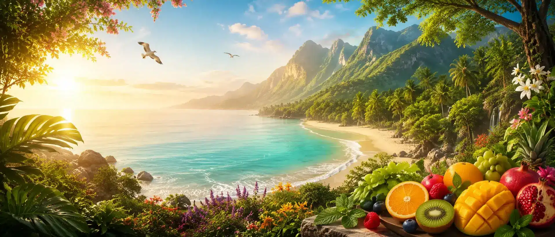 Paysage naturel avec fruits, océan, montagne et végétation luxuriante - Naturolax